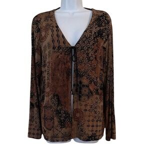 Chicos Travelers Women Brown Black Print Tie Front Long Sleeve Cardigan Top Sz 1